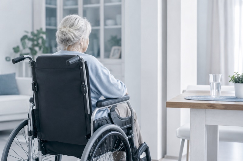 Elderly patient at home in a wheelchair near a dining table